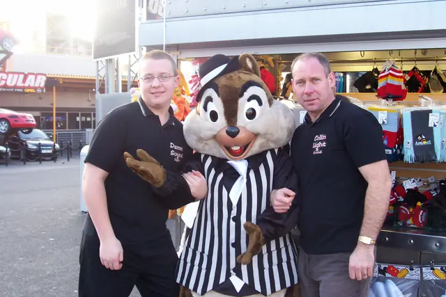 Darren and Colin posing with a chipmunk character at Disneyland Paris