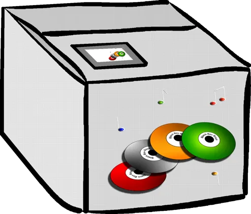 Cartoon drawing of a black box with coloured discs on its side