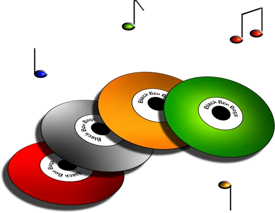 Early disc logo with four coloured discs and musical notes