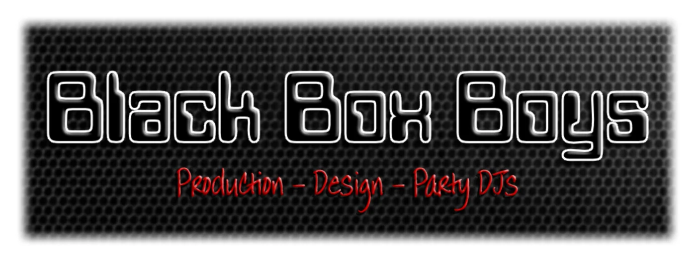 A later Black Box Boys logo on a speaker grille background with the strapline Production, Design, Party DJs