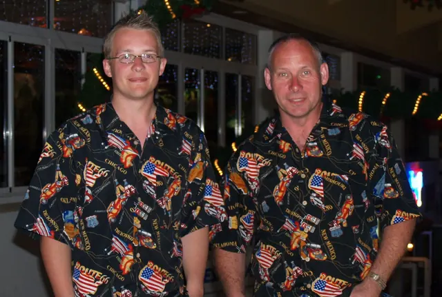 Darren and Colin side by side in identical patterned shirts, 2008