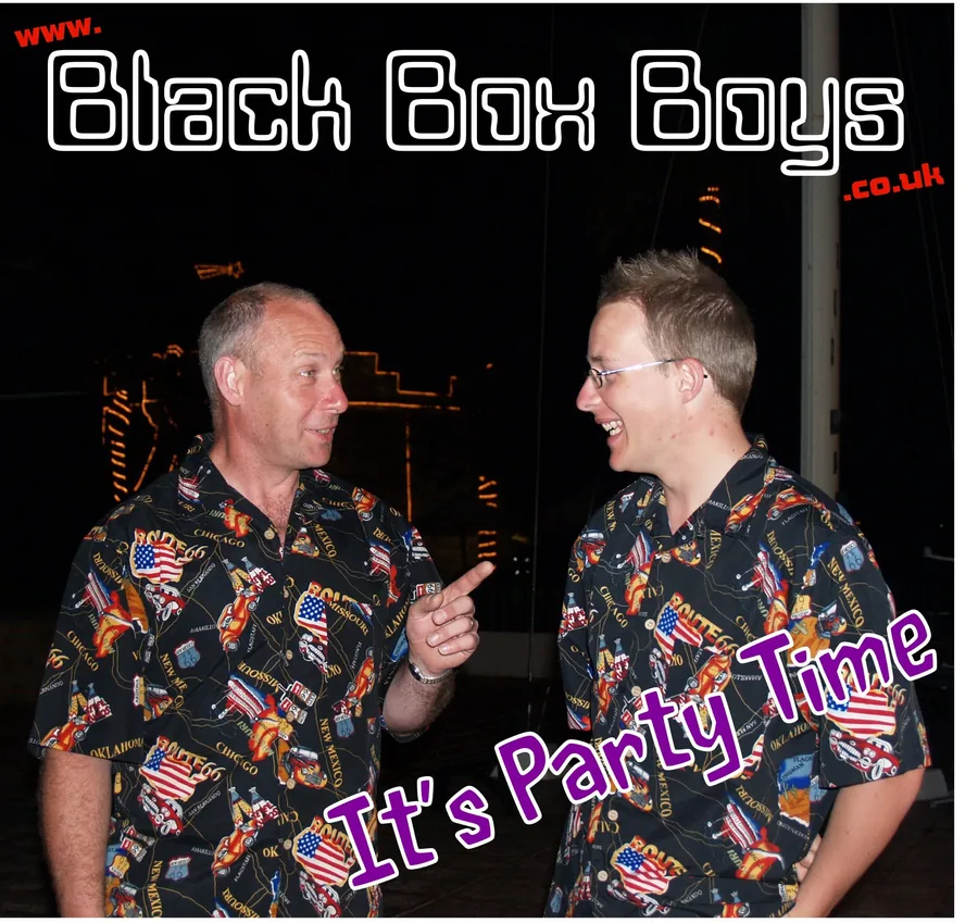Black Box Boys promo shot: Colin and Darren in matching black Route 66 print shirts, Colin pointing and Darren laughing, under the Black Box Boys logo and the words It's Party Time
