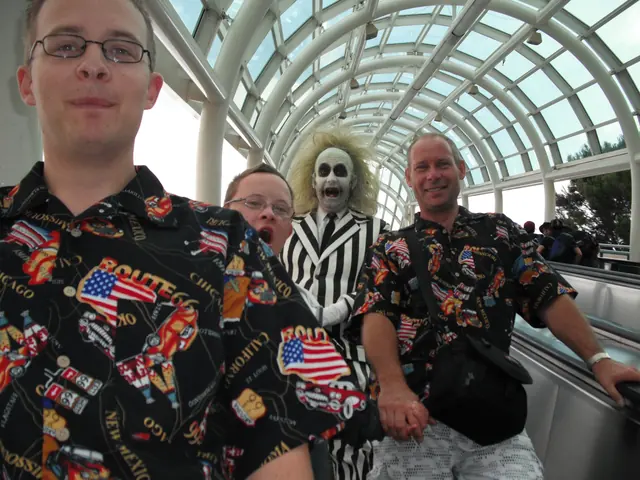Darren and Colin in matching shirts with Beetlejuice at Universal Studios Hollywood